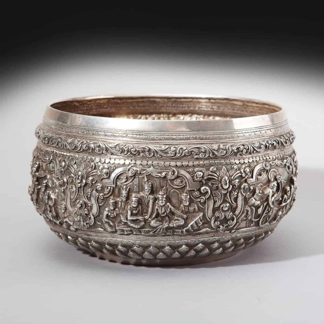 Burmese silver rice bowl embossed with King and Queen and courtiers by The Sold Archive, late 19th century design.