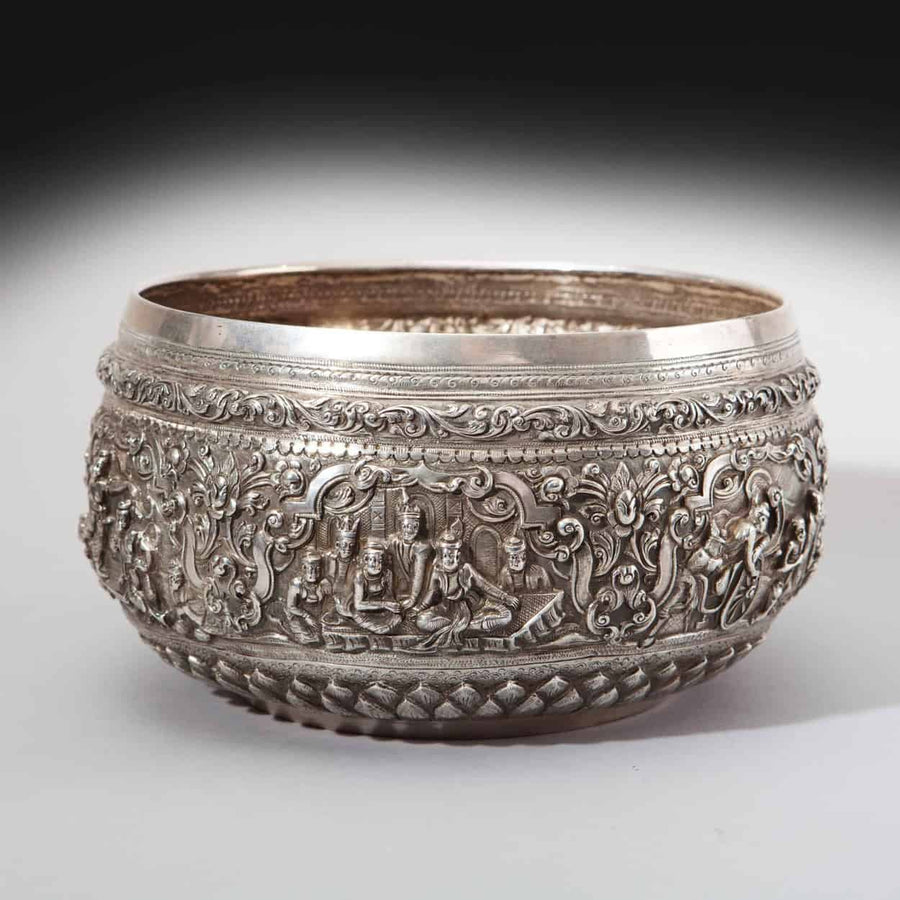 Burmese silver rice bowl embossed with King and Queen and courtiers by The Sold Archive, late 19th century design.