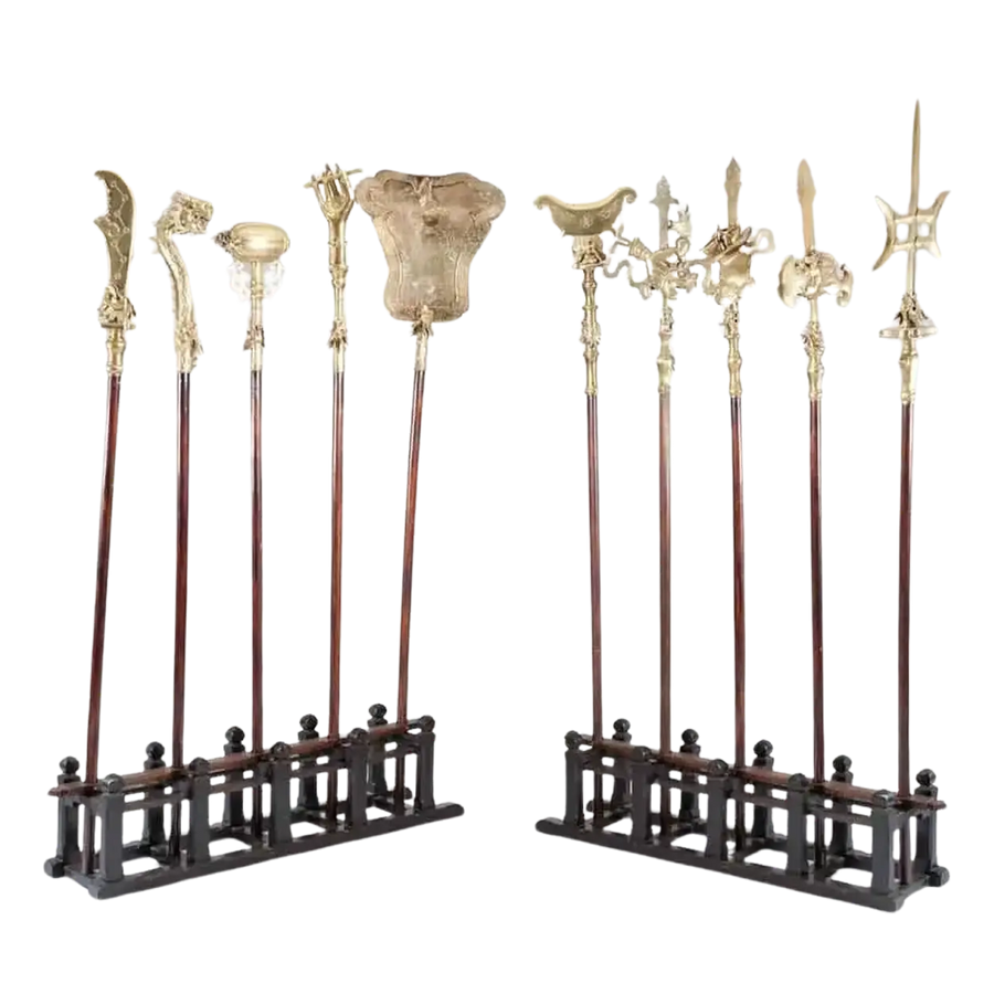 Set of ten unique polished bronze Qing Dynasty ceremonial polearms on stands from The Sold Archive