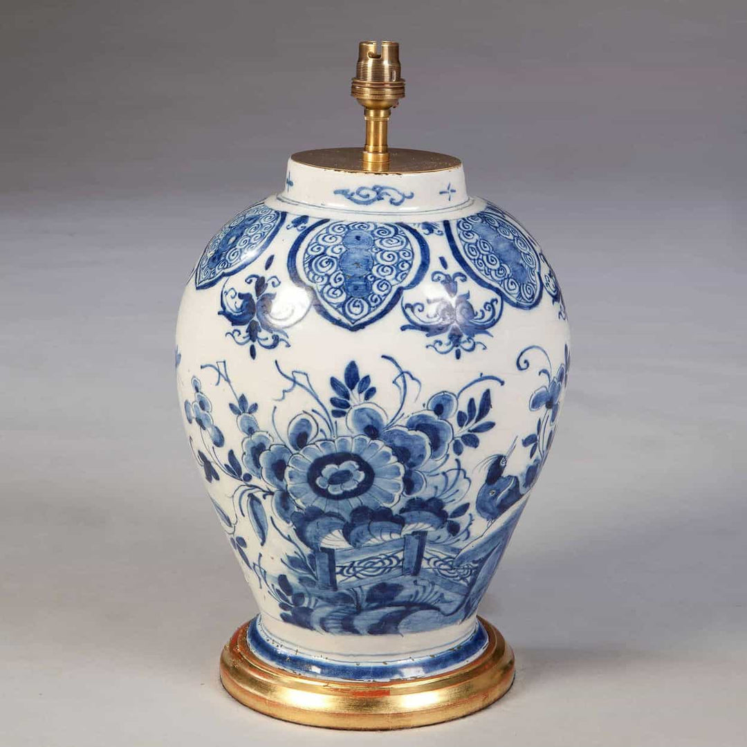 18th century Dutch Delft vase with cobalt blue birds and foliage mounted as a lamp by The Sold Archive