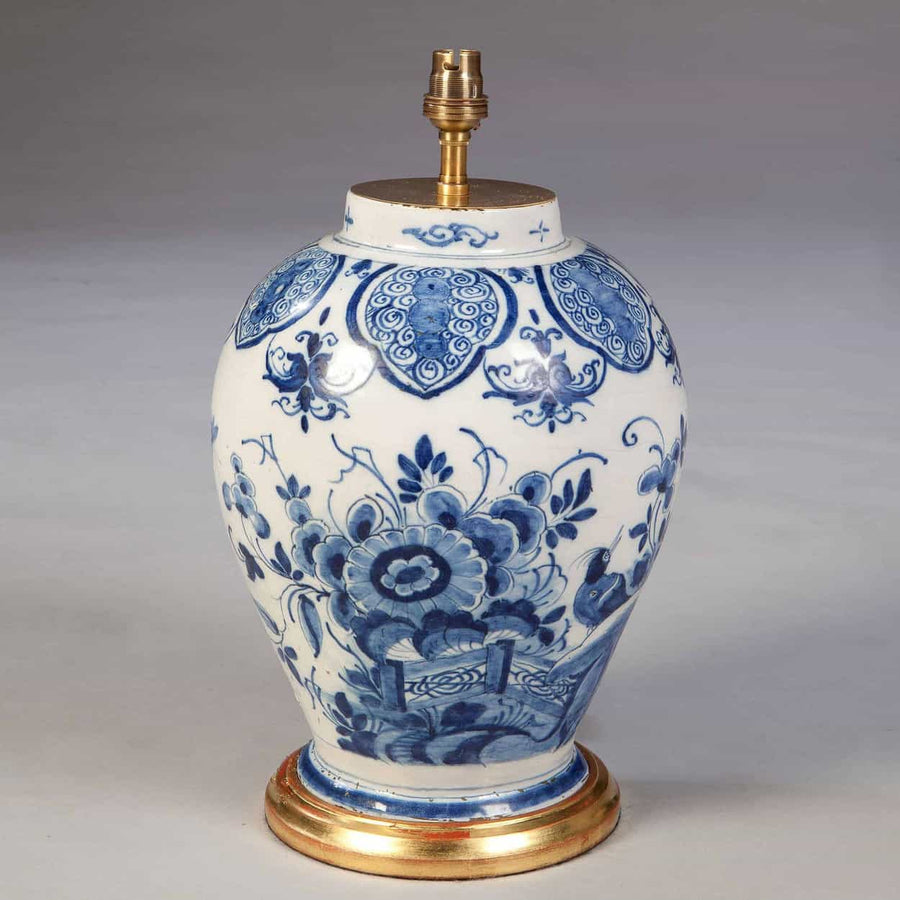 18th century Dutch Delft vase with cobalt blue birds and foliage mounted as a lamp by The Sold Archive