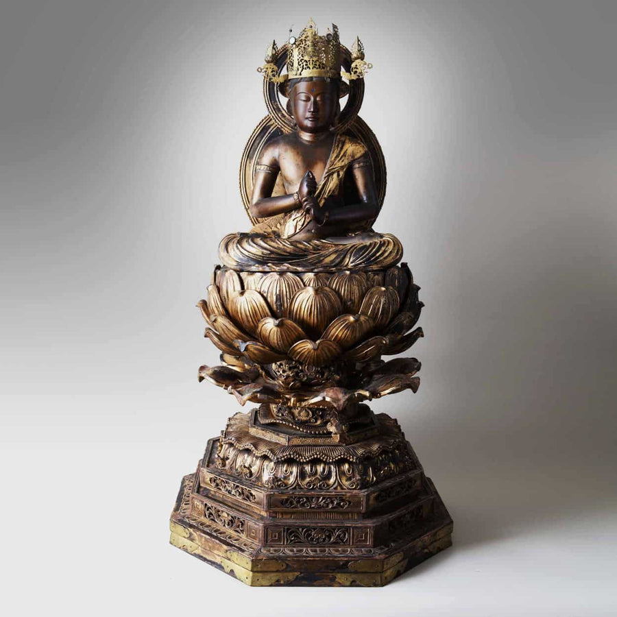 Fine carved wooden and gilt Dainichi Nyorai Buddha with jewelled crown, seated on lotus, from The Sold Archive