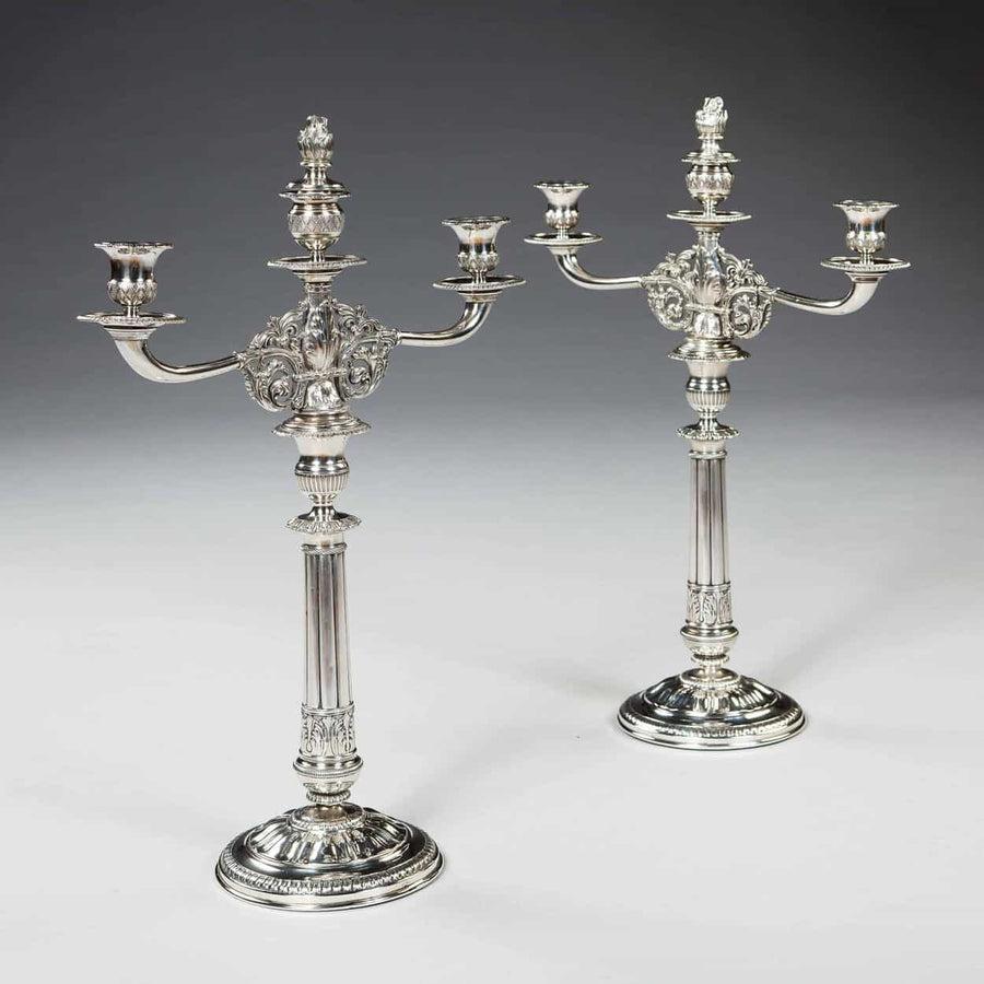 A fine pair of 19th century Italian silver candelabra with fluted columns and classical acanthus leaf bases by The Sold Archive