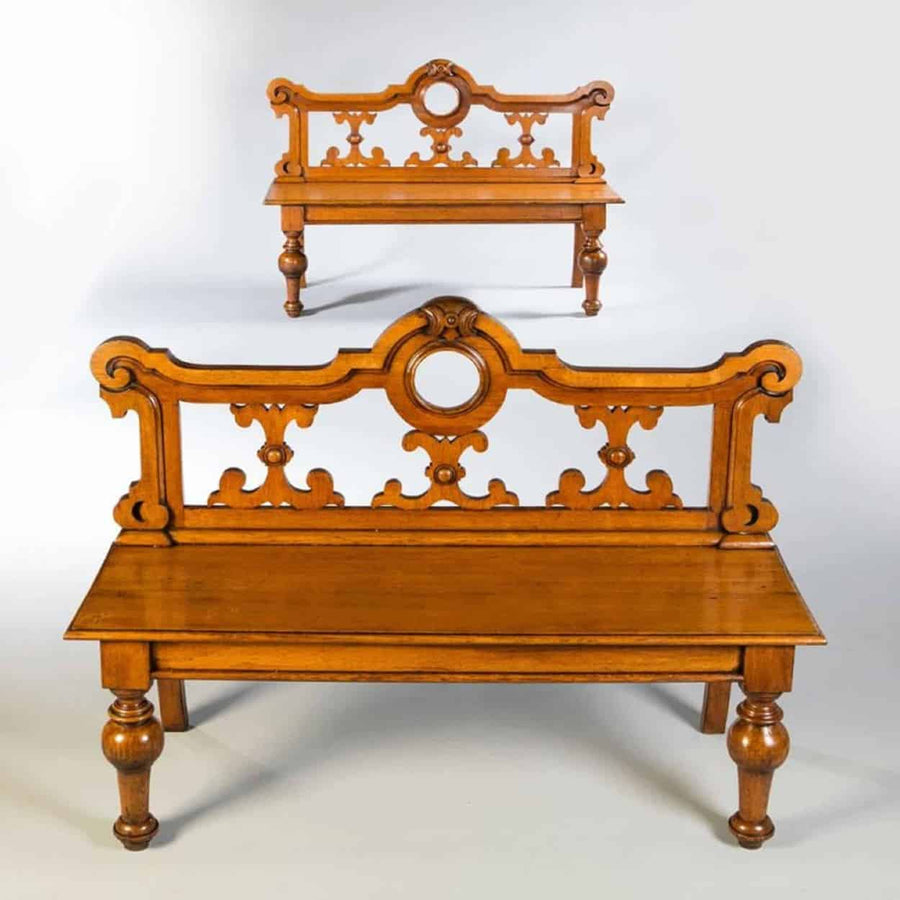 Pair of mid 19th century oak neo renaissance hall benches by The Sold Archive with decorative backs and turned legs