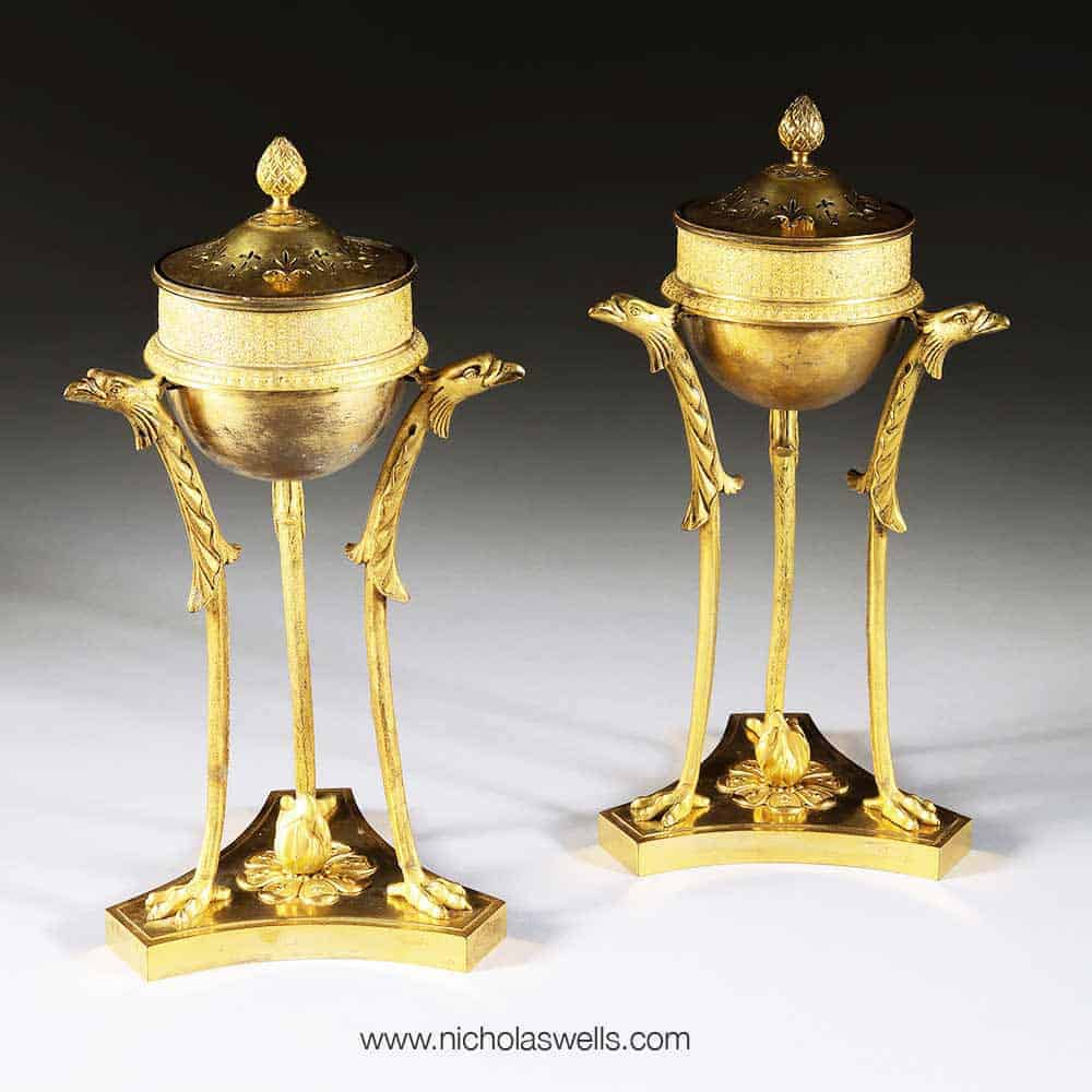 A pair of Russian gilt bronze perfume burners with eagle headed legs from The Sold Archive circa 1800 Empire period