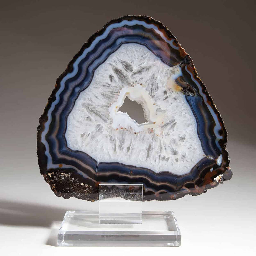 Brazilian banded agate gemstone specimen with blue and white layers on clear stand by Collection CK10