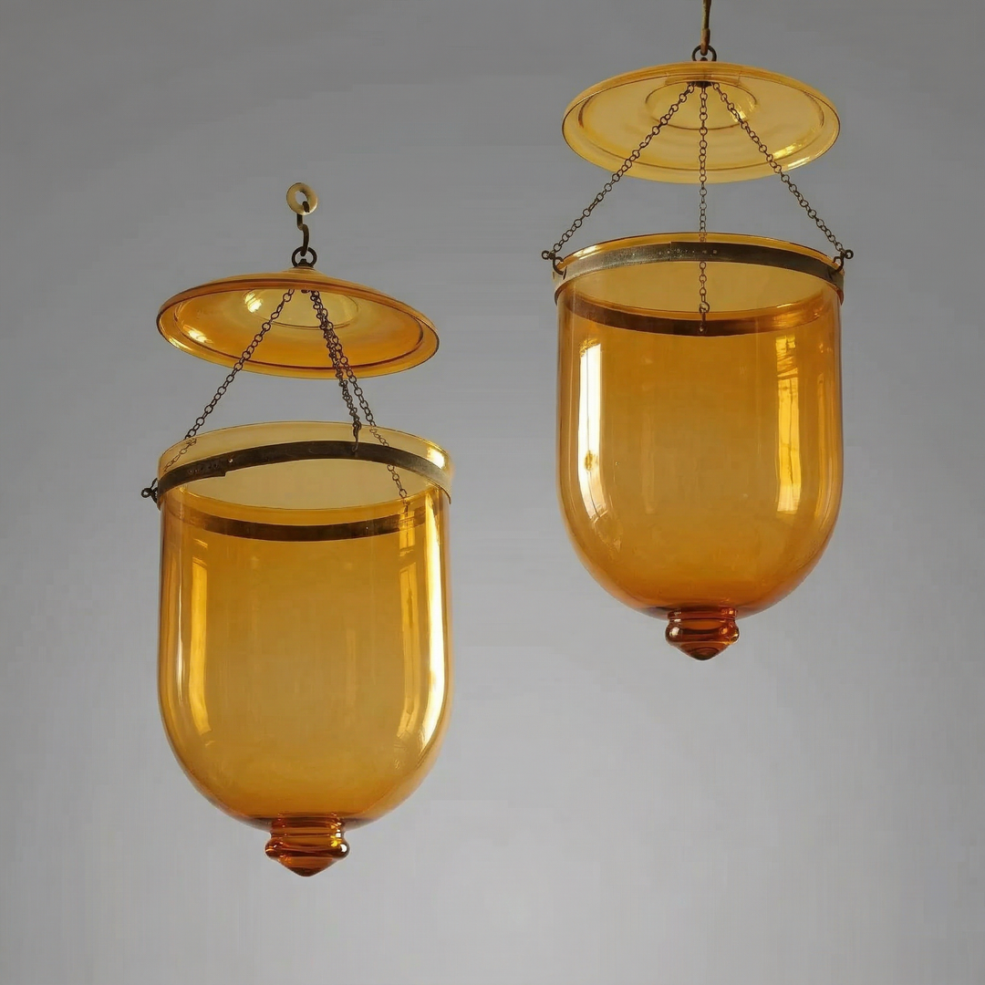 Pair of Amber Glass Pendant Lanterns - Large