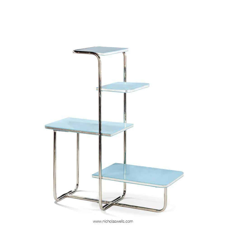 Russian Art Deco asymmetric tubular steel etagere with original shelves re-lacquered in original color by The Sold Archive