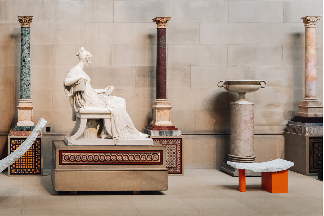 Lorenzo Bartolini marble tazza and column sculpture displayed with classical columns by Nwtiques