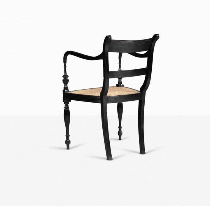 Pair of Anglo-Ceylonese ebony open armchairs with caned seats by The Sold Archive vintage elegant design