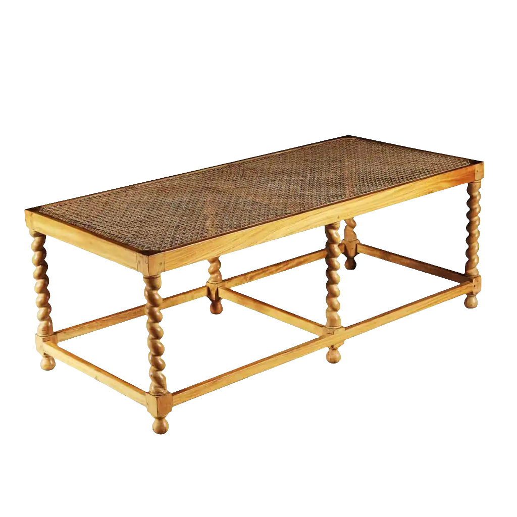 Traditional satinwood long bench with barley twist legs and caned seat by Collection EE30, modern height 45 cm
