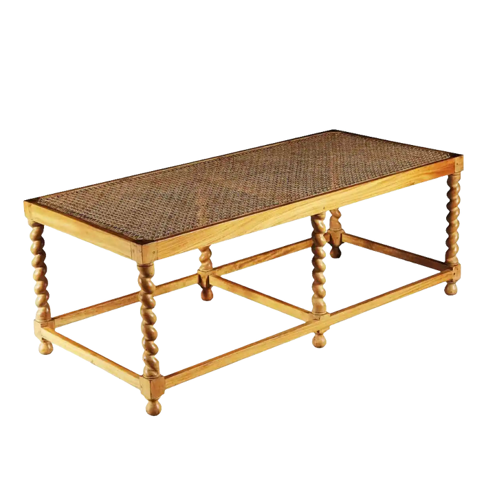 Traditional satinwood long bench with barley twist legs and caned seat by Collection EE30, modern height 45 cm