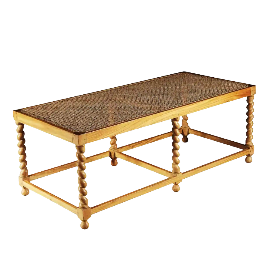 Traditional satinwood long bench with barley twist legs and caned seat by Collection EE30, modern height 45 cm