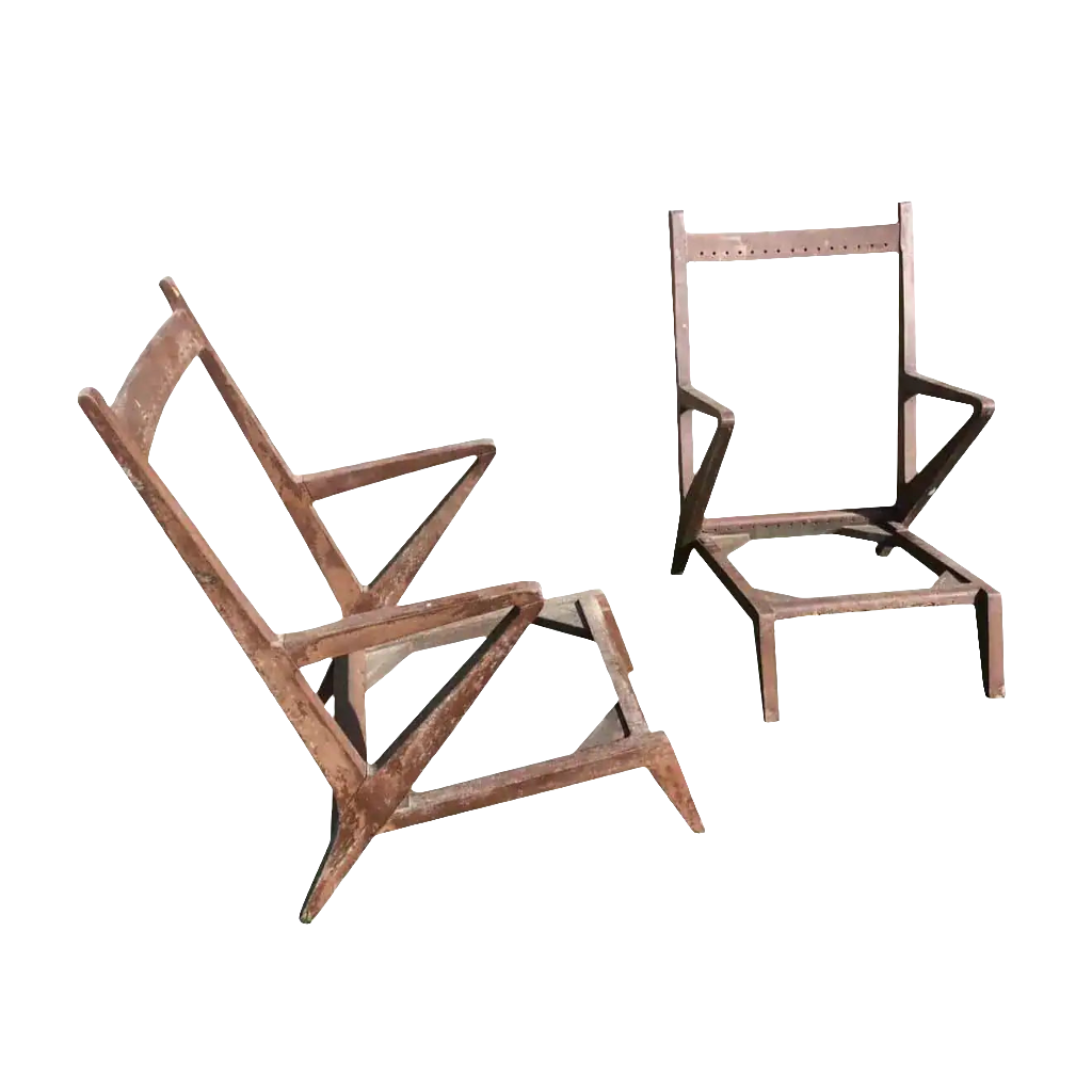 Pair of mid-century Chandigarh chairs with teak frames and cane detailing from Collection EE30, circa 1960 design.