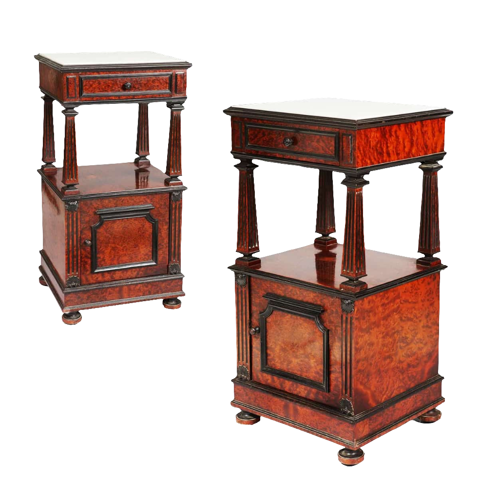 Pair of mid-19th century burr thuya bedside cabinets with marble tops and ebonised details by Collection CK20