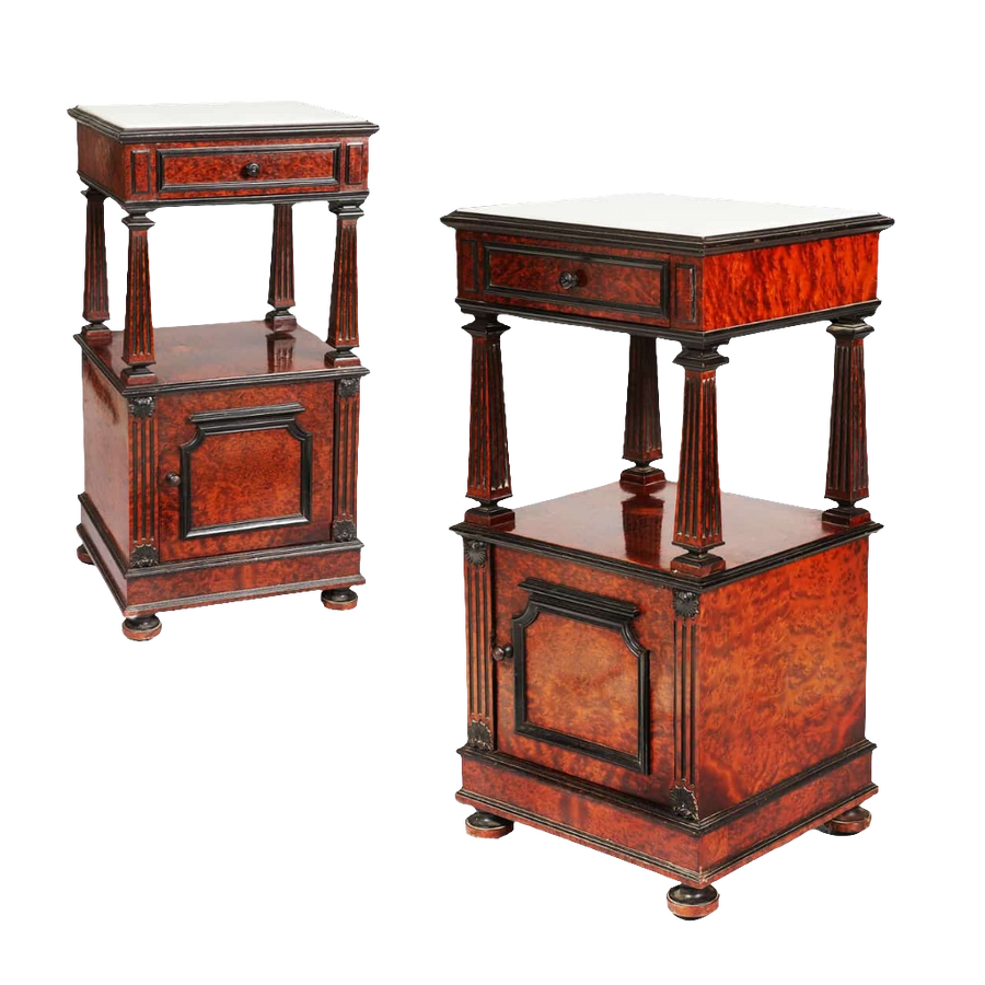 Pair of mid-19th century burr thuya bedside cabinets with marble tops and ebonised details by Collection CK20
