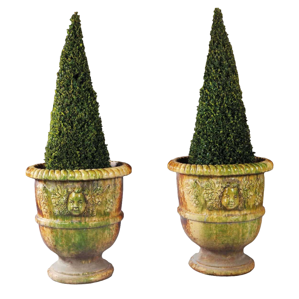 Pair of Italian large glazed terracotta garden pots with detailed face design by Collection CK10, Mediterranean style planters