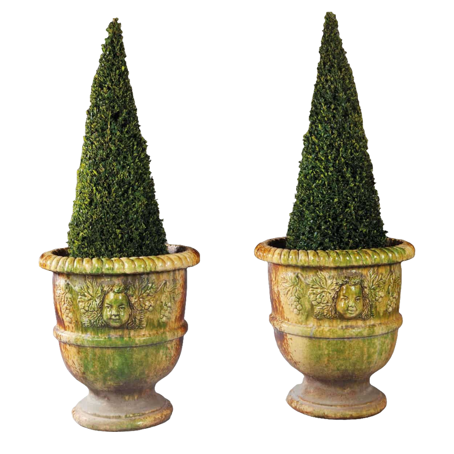 Pair of Italian large glazed terracotta garden pots with detailed face design by Collection CK10, Mediterranean style planters