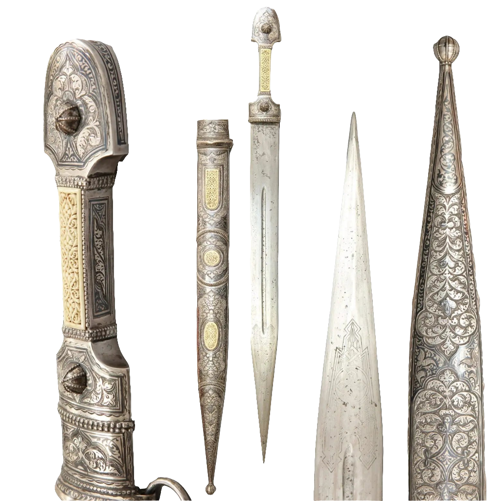 Ornate Caucasian Kindjal dagger with silver and ivory details displayed by Nwtiques