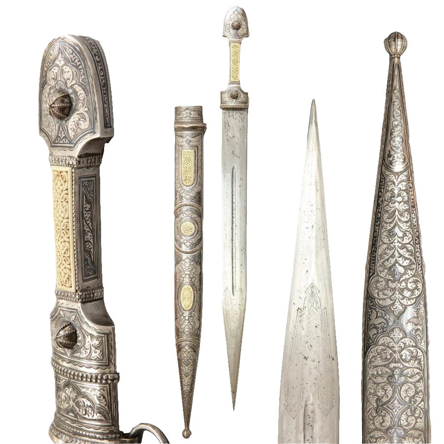 Ornate Caucasian Kindjal dagger with silver and ivory details displayed by Nicholas Wells Antiques