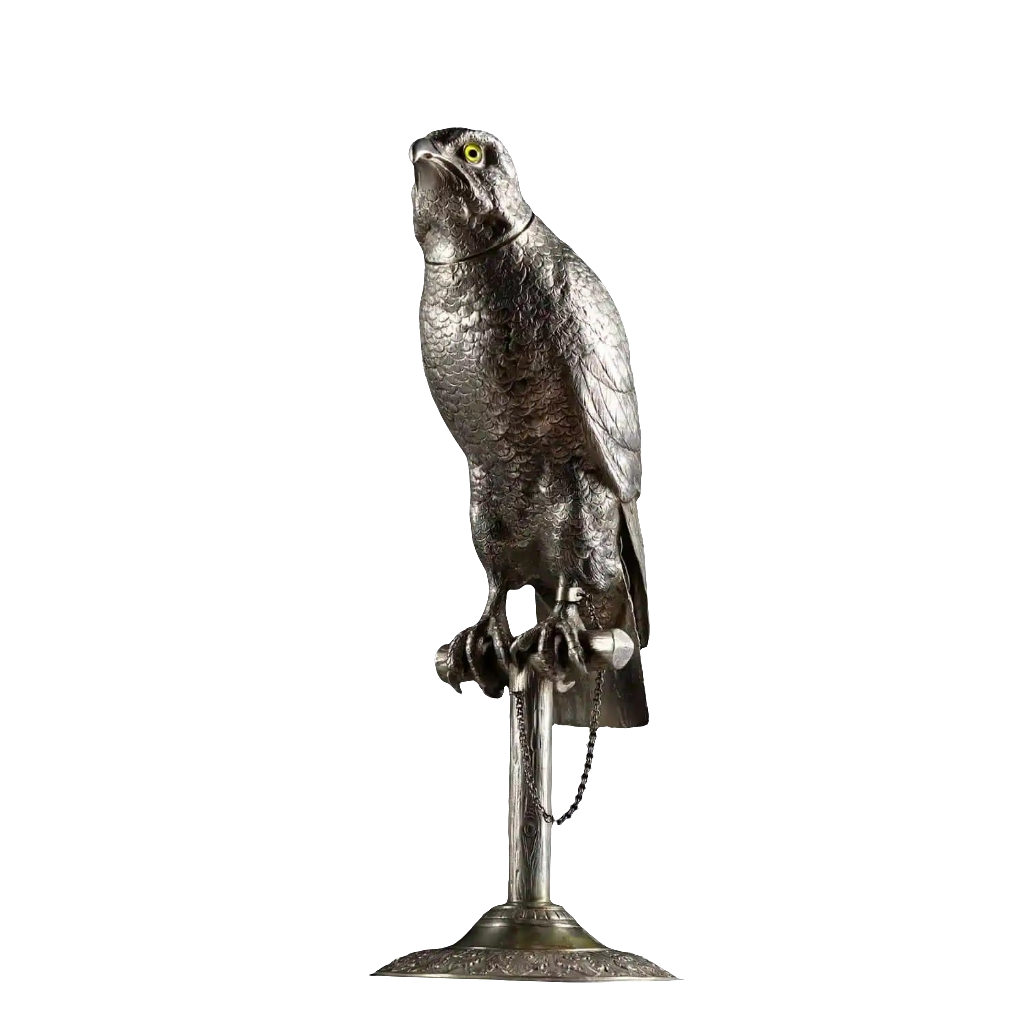 German early 20th century solid silver hawk sculpture with glass eyes on wooden perch by Collection CK20.