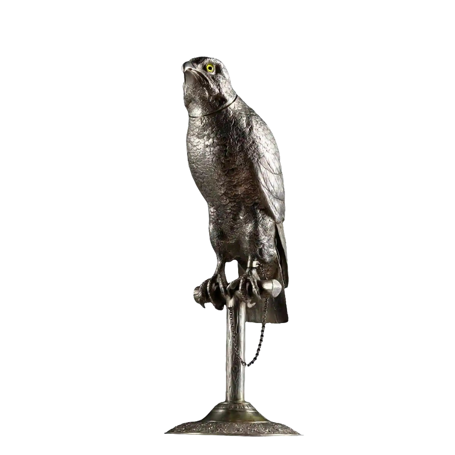 German early 20th century solid silver hawk sculpture with glass eyes on wooden perch by Collection CK20.