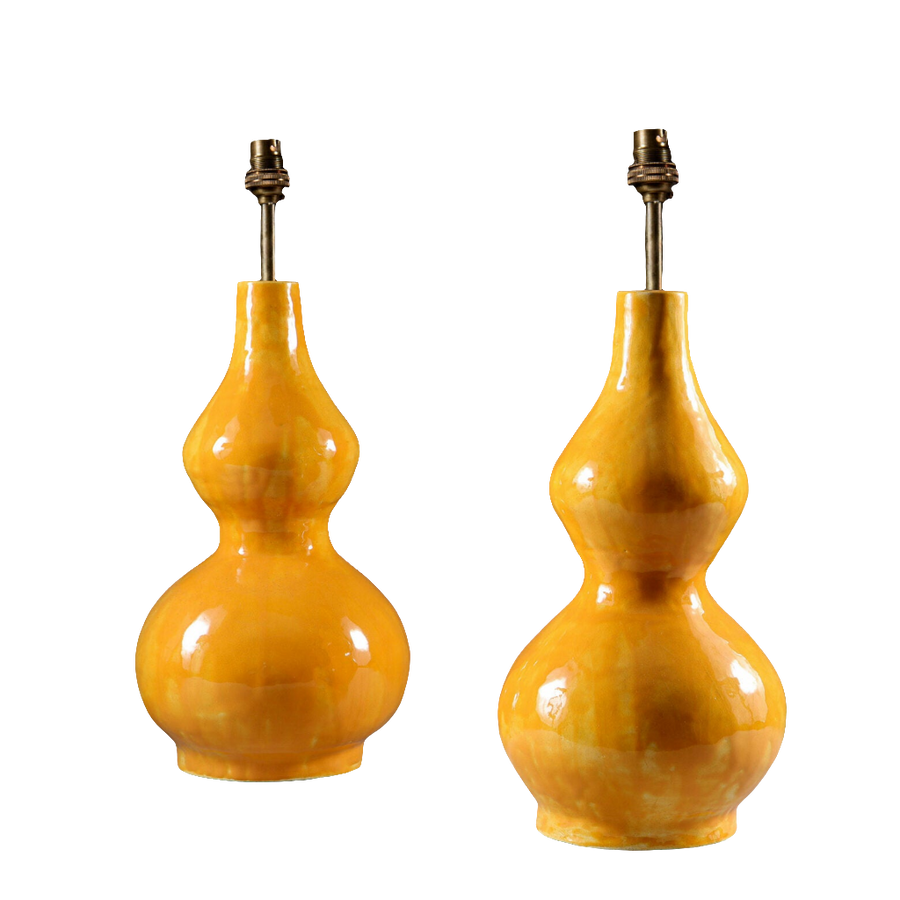 Pair of Yellow Double Gourd Vases as Lamps by Andrew Allfree, glazed yellow double gourd table lamps, height 39 cm diameter 20 cm.