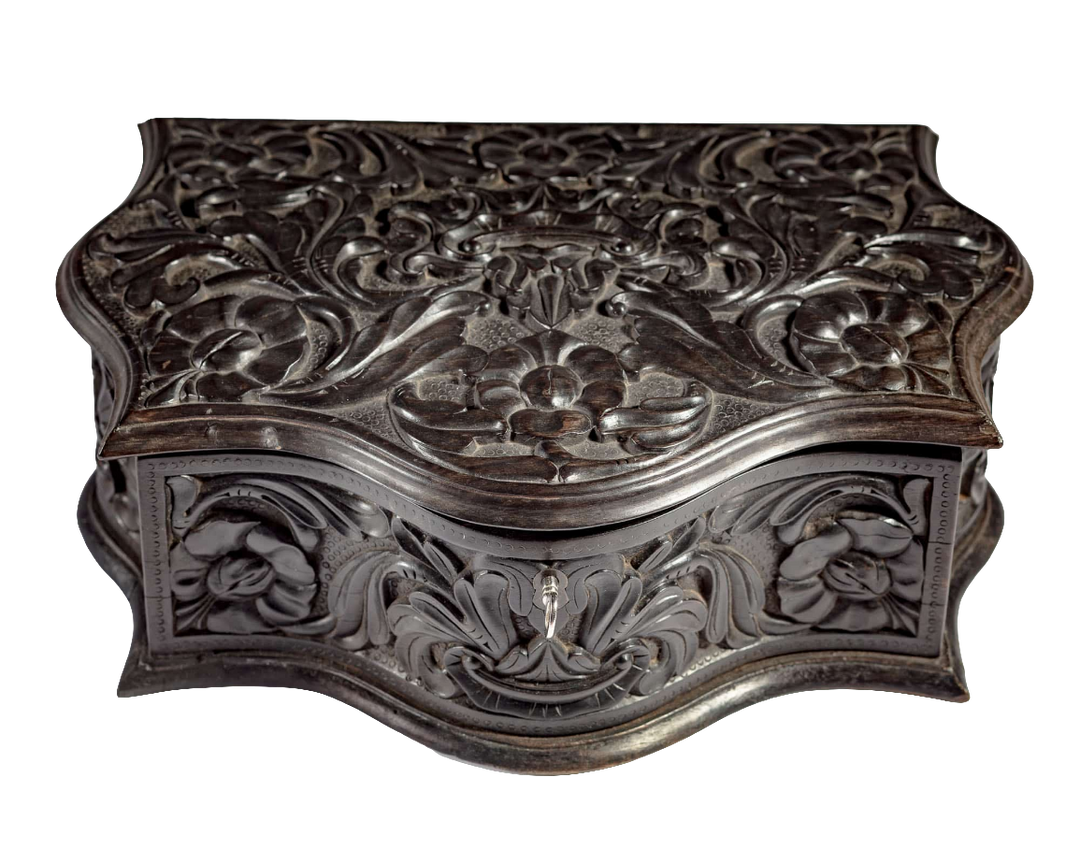 Mid 19th century carved ebony workbox with floral detail by Nwtiques, Southern Ceylon circa 1850