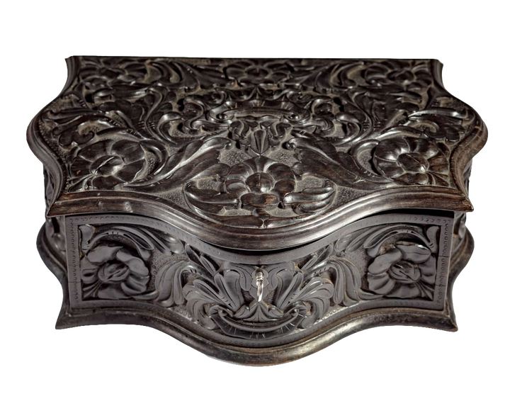 Mid 19th century carved ebony workbox with floral detail by Nwtiques, Southern Ceylon circa 1850