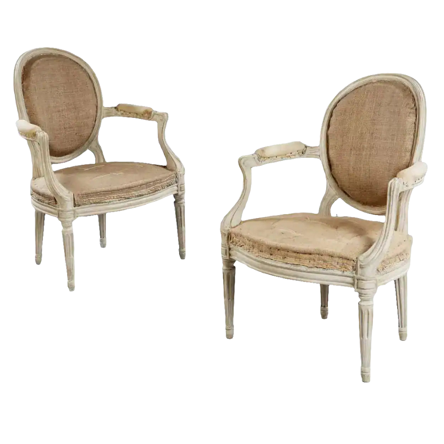 Pair of transitional Louis XV style fauteuils with carved wood and linen upholstery by Nwtiques