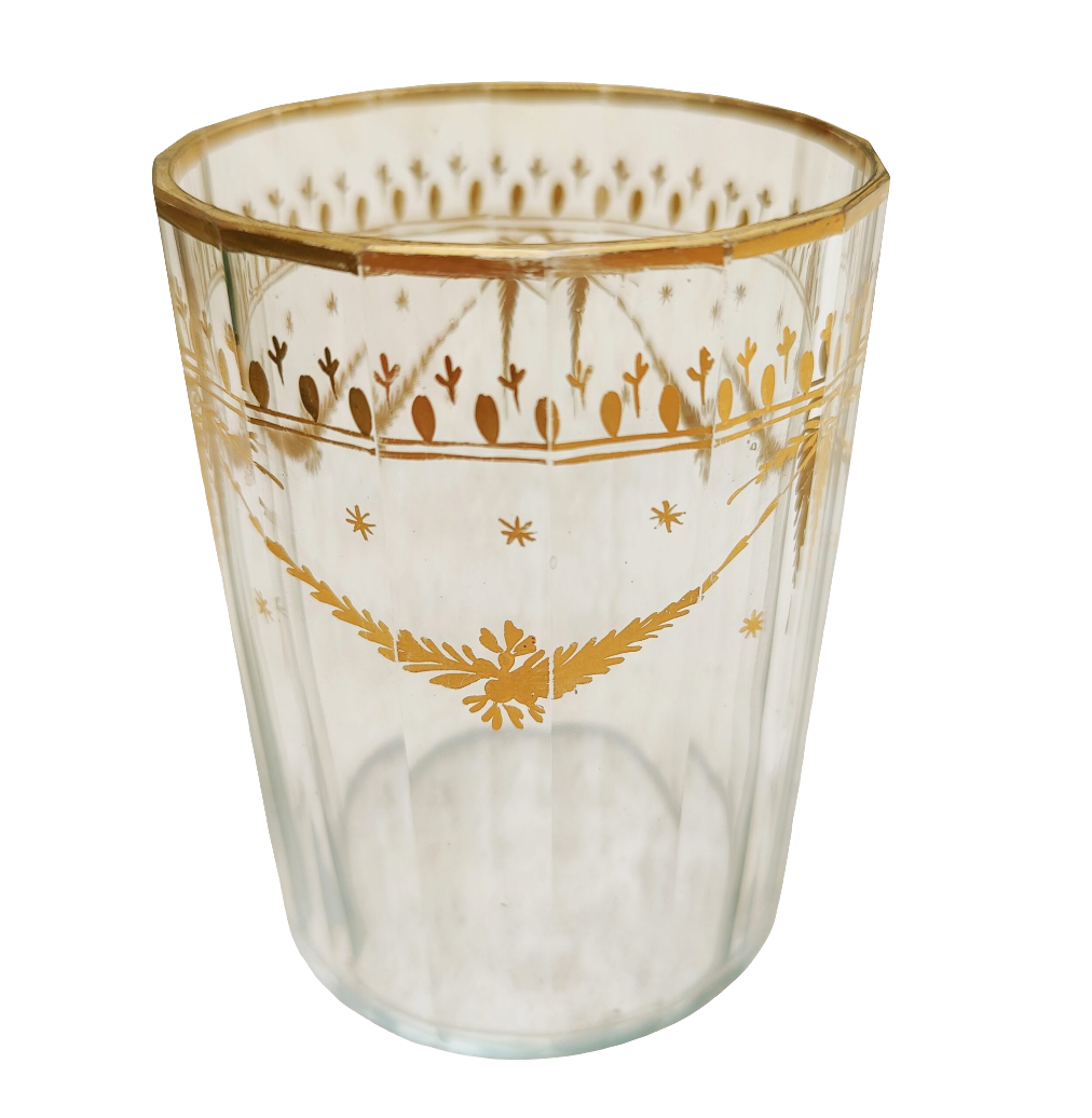 Bohemian gilt glass beaker with floral garlands and gilt edges from Nwtiques circa 1780