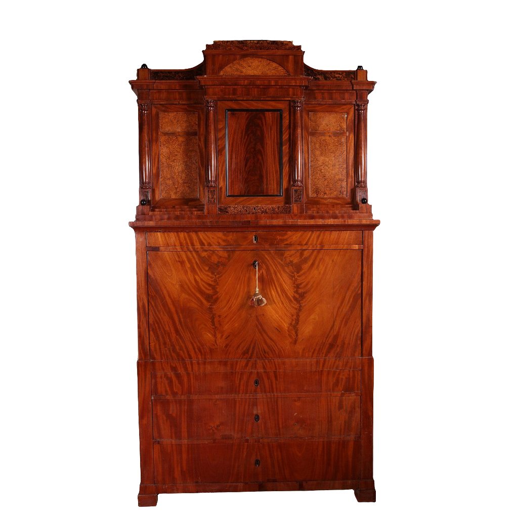 Biedermeier Secretaire abattant with flame mahogany veneers and hidden compartments, 19th century Baltic antique desk.