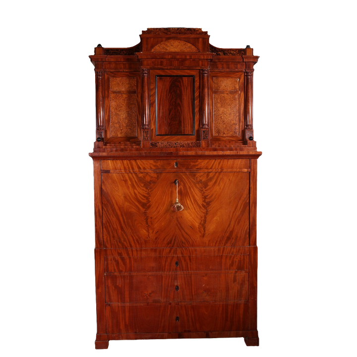Biedermeier Secretaire abattant with flame mahogany veneers and hidden compartments, 19th century Baltic antique desk.