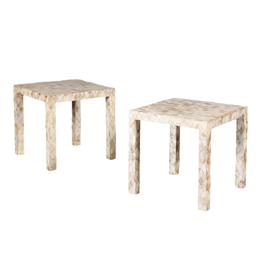 Pair Mughal style Mother of Pearl Square End Tables with polished abalone shell veneer, India, circa 2000, 51 cm square each.