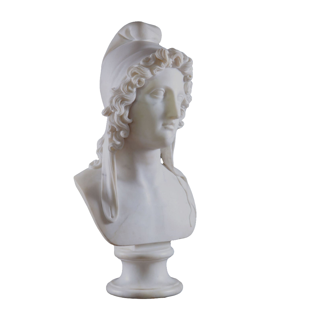 19th Century Bust of Paris carved from Carrara marble featuring mythological figure wearing a Phrygian cap on pedestal.