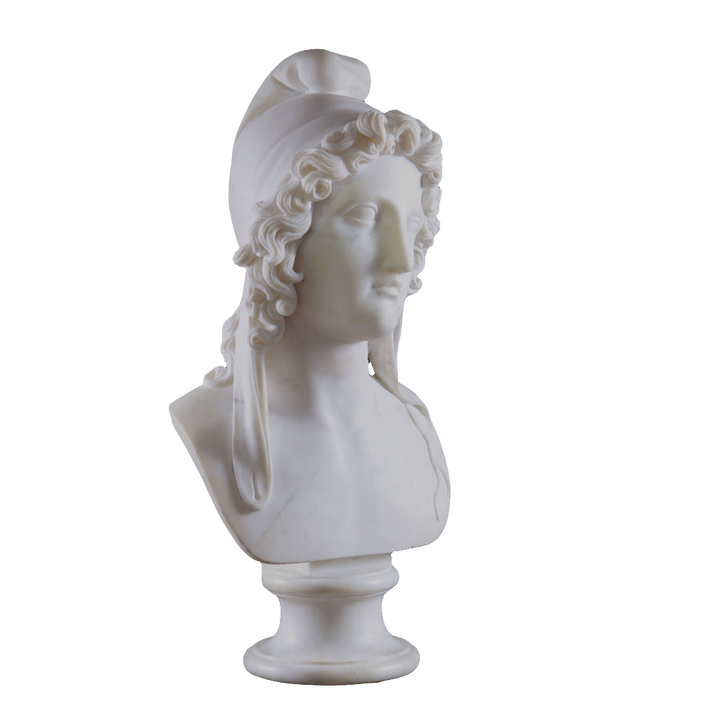 19th Century Bust of Paris carved from Carrara marble featuring mythological figure wearing a Phrygian cap on pedestal.
