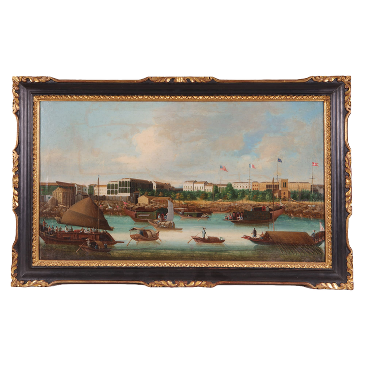 Nineteenth-century oil painting of Canton’s Pearl River trading docks with ships and factories by Collection TH20