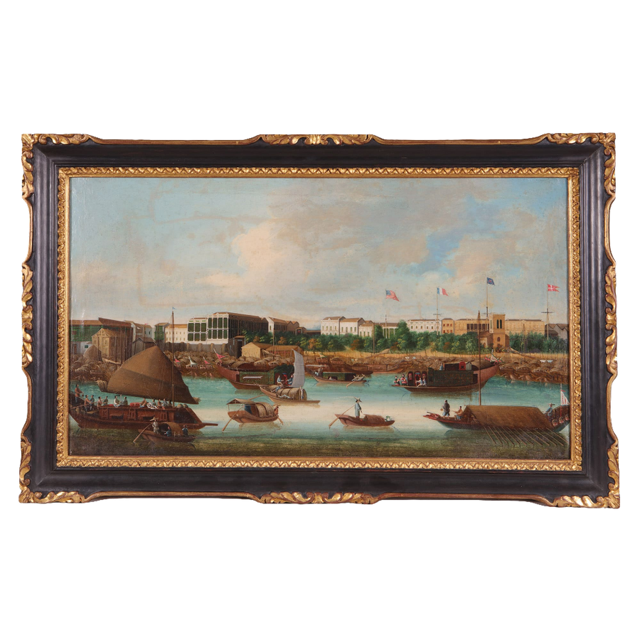Nineteenth-century oil painting of Canton’s Pearl River trading docks with ships and factories by Collection TH20