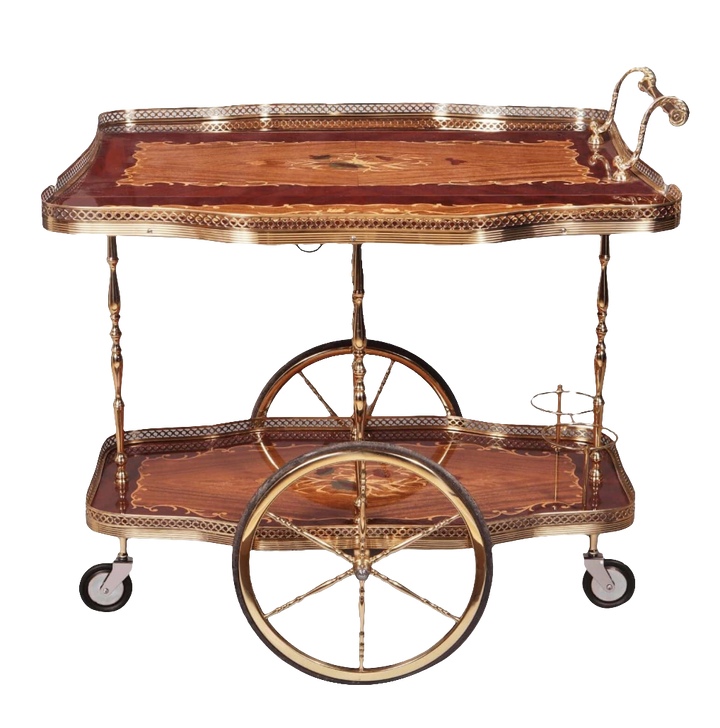 Mid-century Italian marquetry drinks trolley with brass accents and wheels by Nicholas Wells Antiques