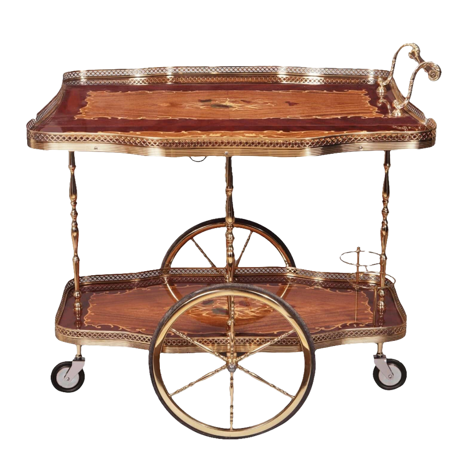 Mid-century Italian marquetry drinks trolley with brass accents and wheels by Nicholas Wells Antiques