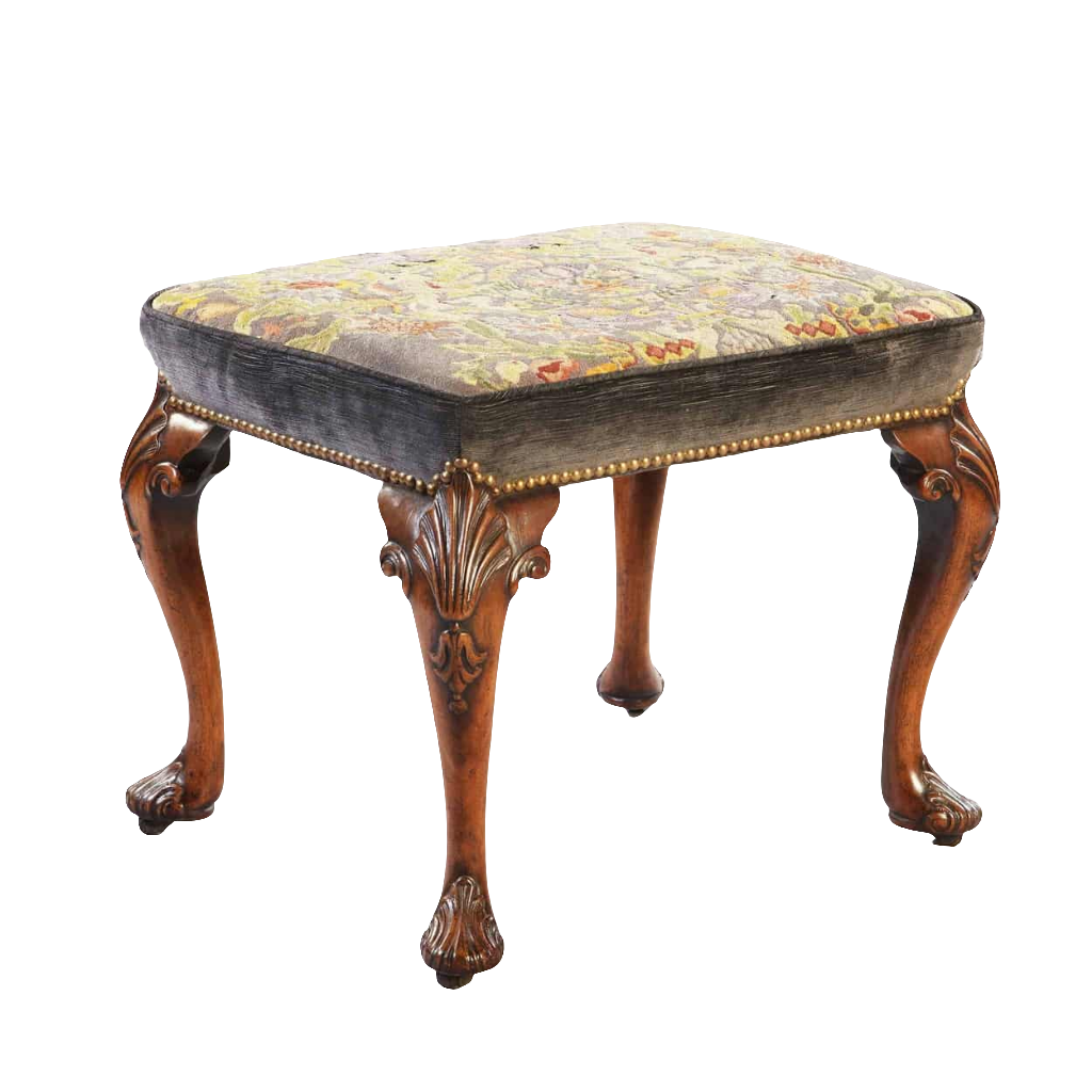 Early 18th century George II walnut stool with petit point upholstery by Collection CK20, elegant cabriole legs.