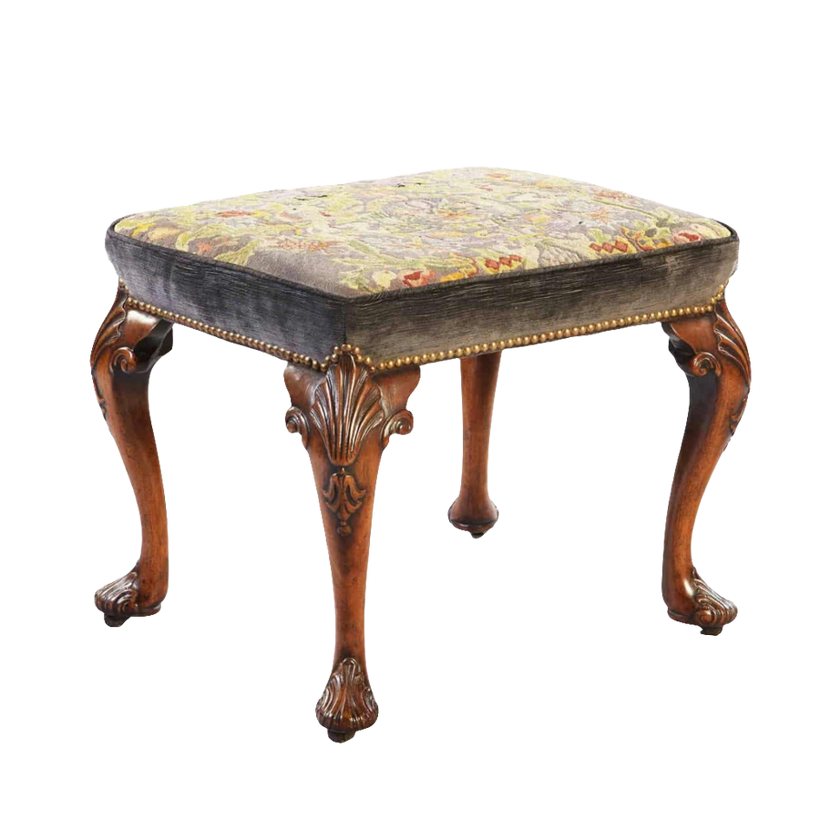 Early 18th century George II walnut stool with petit point upholstery by Collection CK20, elegant cabriole legs.