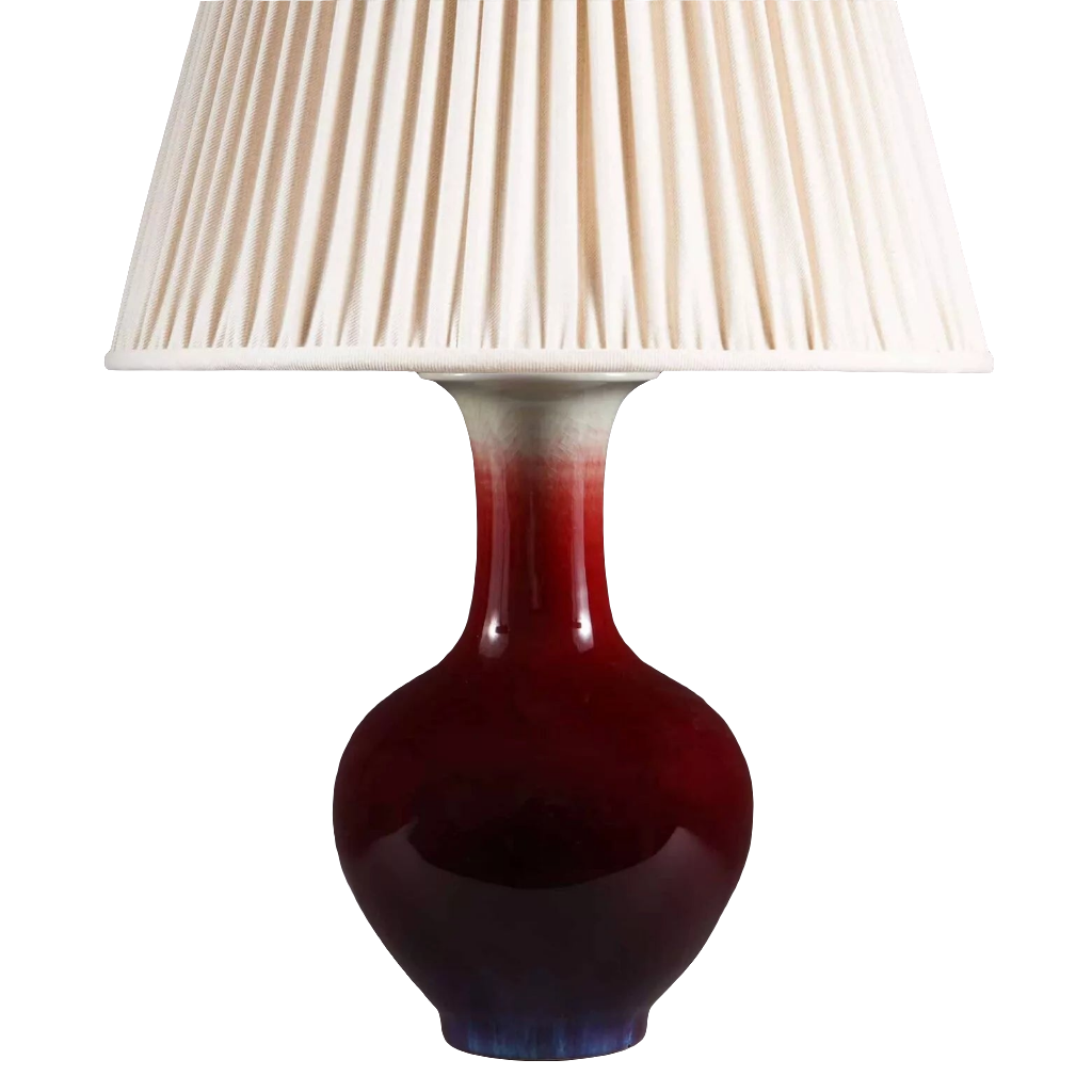 Chinese Sang de Boeuf Vase mounted as a table lamp with pleated white shade, China, circa 1980, height 27 cm.