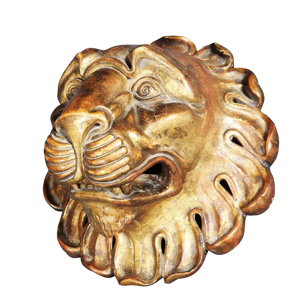 Carved giltwood lion’s mask showcasing Regency craftsmanship from Collection CK10 with intricate detailing and aged gold finish