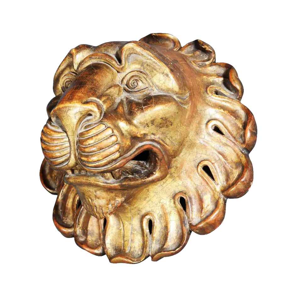 Carved giltwood lion’s mask showcasing Regency craftsmanship from Collection CK10 with intricate detailing and aged gold finish