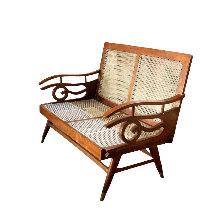 Early 20th century Bombay Art Deco settee with caned panels and Q motif arms by Collection EE20 in original condition