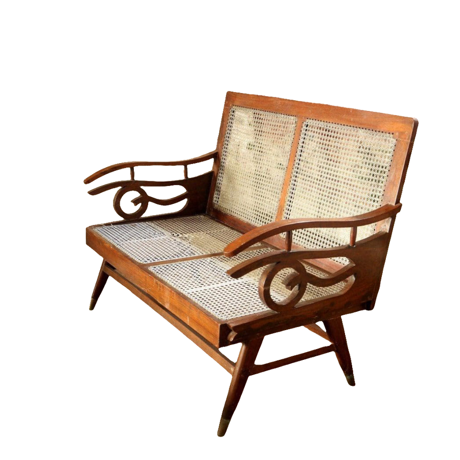 Early 20th century Bombay Art Deco settee with caned panels and Q motif arms by Collection EE20 in original condition