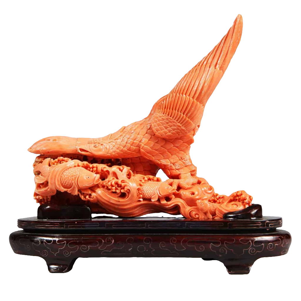 Japanese carved coral sculpture of a Stellar’s Sea Eagle catching fish, offered by Nwtiques