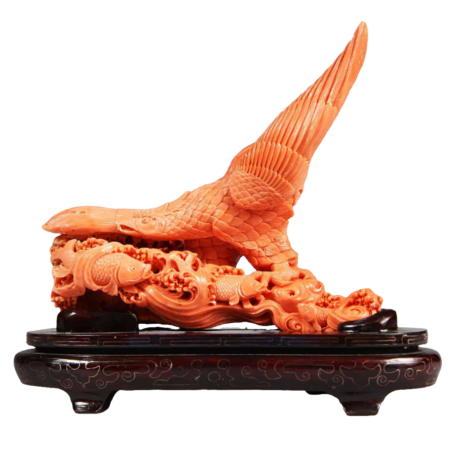 Japanese carved coral sculpture of a Stellar’s Sea Eagle catching fish, offered by Nwtiques