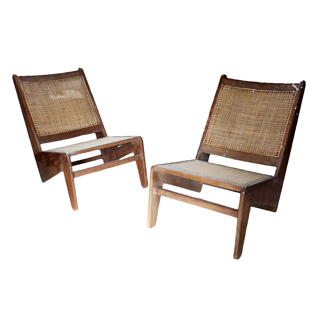 Pair of vintage Kangaroo Chandigarh Chairs with teak frames and woven cane seats by Collection EE30.